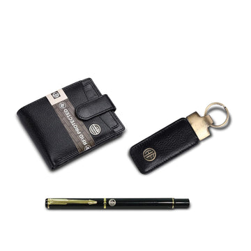 Men's Leather Gift Set: Wallet, Keychain & Pen - Birthday Present for Dad, Husband or Boyfriend
